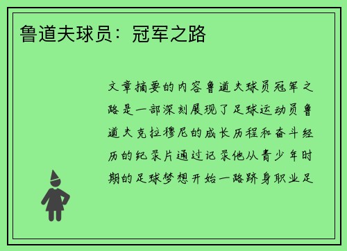 鲁道夫球员：冠军之路