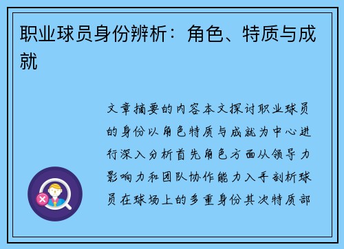 职业球员身份辨析：角色、特质与成就